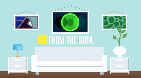 Illustration of a white sofa, side tables, and three framed art pieces on a light blue wall.