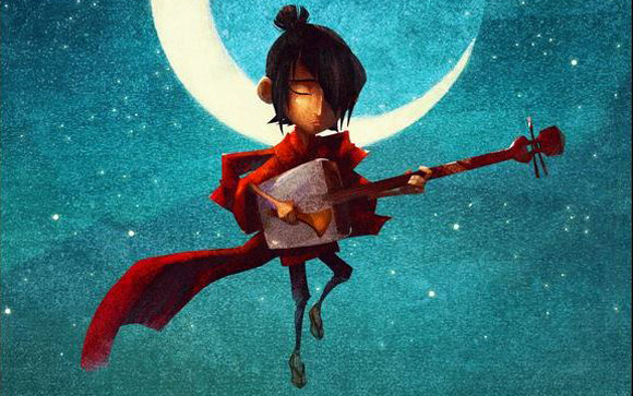 A dark-haired character in a red robe playing a lute-like instrument under a large crescent moon.