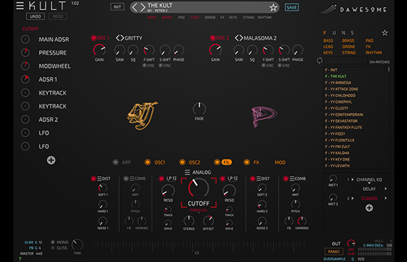 Digital interface of The Kult synthesizer software with various knobs, sliders, and waveform displays.