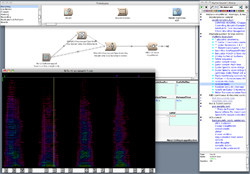 Software interface displaying a flowchart with nodes and a dark spectrogram with colorful frequency patterns.