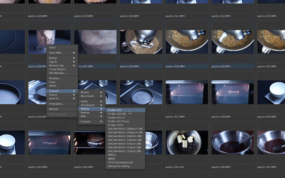 A file browser window showing video thumbnails with a right-click context menu open over the files.
