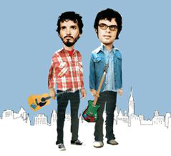 Caricatures of two men, one with a guitar and one with an electric guitar, against a city skyline.