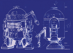 White line drawings of a cylindrical robot from two different angles on a blue background.