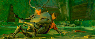 A warrior in horned armor carries a young person with dark hair, who looks distressed, through a green, cavernous space with