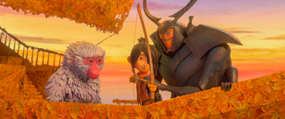 A young boy with a bow and arrow stands next to a samurai warrior, with a monkey looking on, against a sunset.