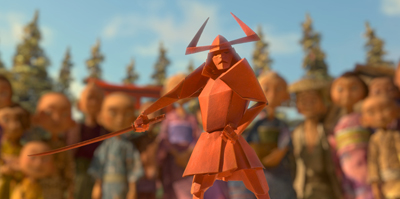 An orange origami samurai figure with a sword is in focus, with a blurred crowd of similar figures behind it.