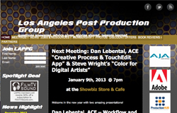 Homepage for Los Angeles Post Production Group featuring meeting details and partner logos.