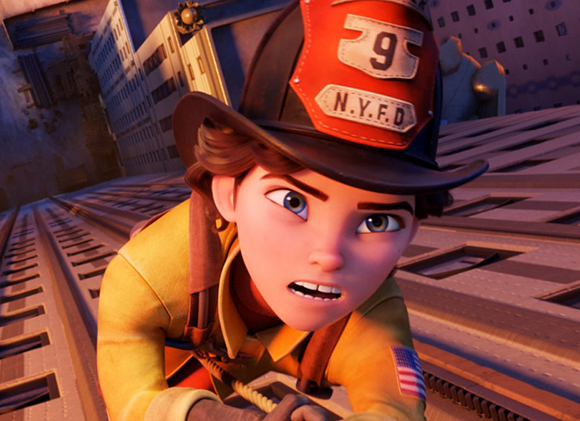 Animated young character in a yellow uniform and red firefighter helmet looking worried.