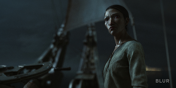 A woman in a light-colored tunic looks off to the side on a dark ship at night.