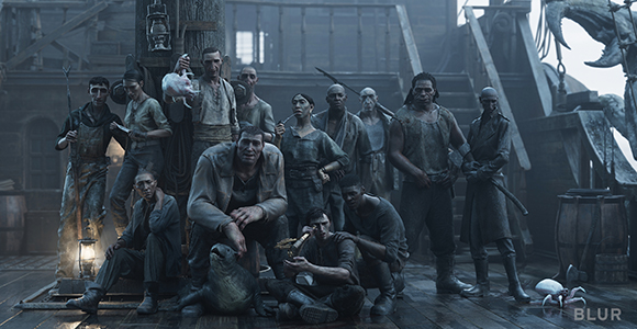 A group of gritty, weathered sailors posing on the deck of a dark, atmospheric wooden ship.