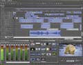 A digital audio workstation interface showing multiple audio tracks, waveforms, and volume sliders.