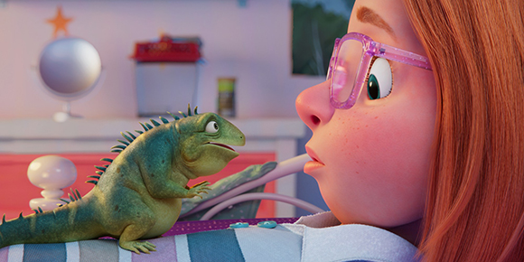 An animated girl with pink glasses and red hair looks curiously at a small green iguana.