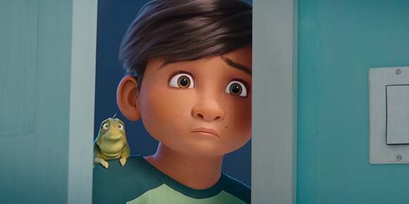 Animated young boy with dark hair peeking around a doorframe with a small green creature on his shoulder.