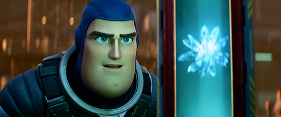 Animated astronaut in a blue suit stares at a glowing, snowflake-shaped crystal inside a glass cylinder.