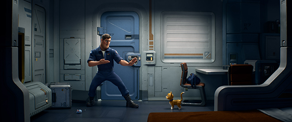 A man in a blue jumpsuit strikes a martial arts pose inside a dimly lit, sci-fi spaceship interior.