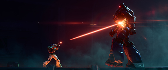 A small armored soldier fires a bright red laser beam at a towering blue mechanical robot in a dark setting.