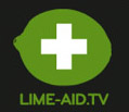 A green lime shape with a white plus sign in the center above the text LIME-AID.TV on a black background.