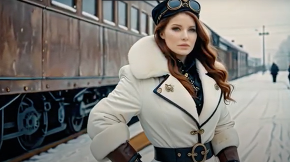A woman with long red hair wearing a white coat and goggles stands on a snowy train platform.