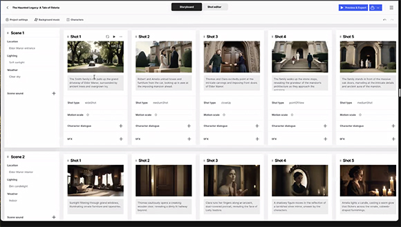 A software interface showing storyboard panels for Scene 1 and Scene 2 with various cinematic shots.