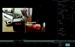 Video editing software interface displaying a split-screen comparison of a desk scene with a 3D LUT applied.