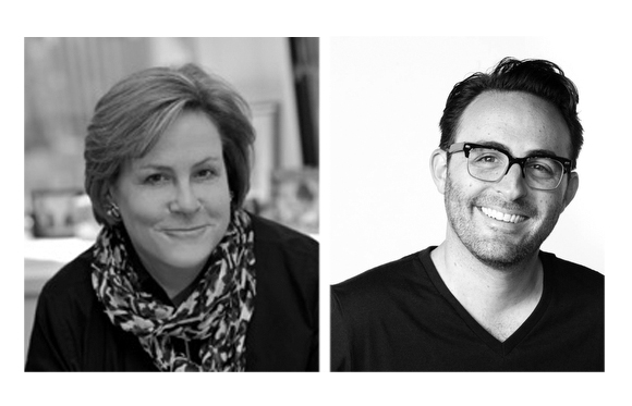 Black and white portraits of a smiling woman wearing a patterned scarf and a smiling man with glasses.
