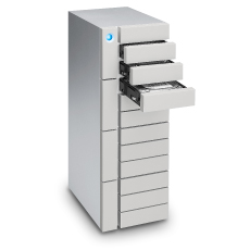 A tall, silver server rack with three drawers pulled out from the front.