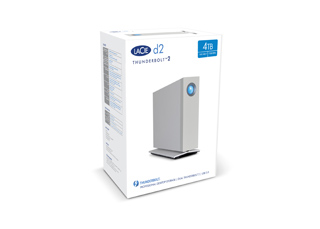 White product box for a LaCie d2 Thunderbolt 2 4TB external hard drive.