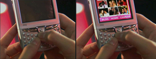 Hands holding a silver PDA, showing a blank screen on the left and a photo gallery on the right.