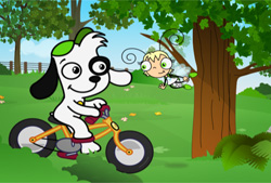 Cartoon white dog with black ears riding an orange bicycle past a small flying fairy in a green park.