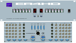 Front and rear views of a silver ER4HD audio media controller with various buttons, displays, and input/output ports.