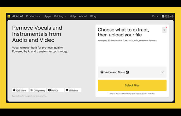 LALAL.AI website interface showing options to remove vocals and instrumentals from audio and video files.