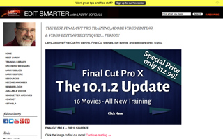 Website for video editing training featuring a promotion for Final Cut Pro X The 10.1.2 Update.
