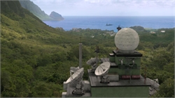 Satellite dishes and a large white radome on a building overlooking a lush green coast and blue ocean.