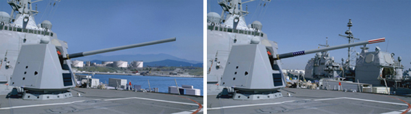 Two side-by-side views of a naval ship's deck gun against a blue sky and ocean.