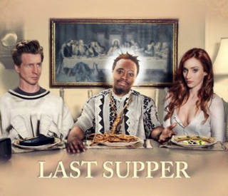 Three people sit at a dining table with a painting of The Last Supper in the background.