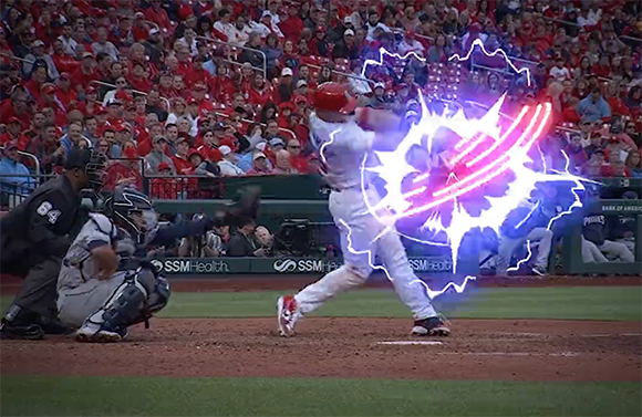 A baseball batter swings a bat, surrounded by a bright purple and white energy blast effect.