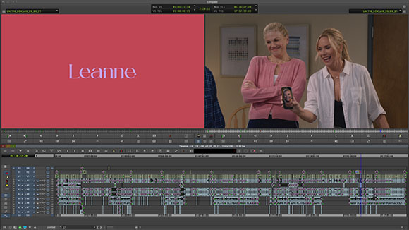 Video editing timeline showing a pink screen with the name Leanne and two women smiling in a video clip.