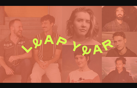 A collage of six diverse portraits in a reddish-orange tint with the text 'LEAP YEAR' in bright green.