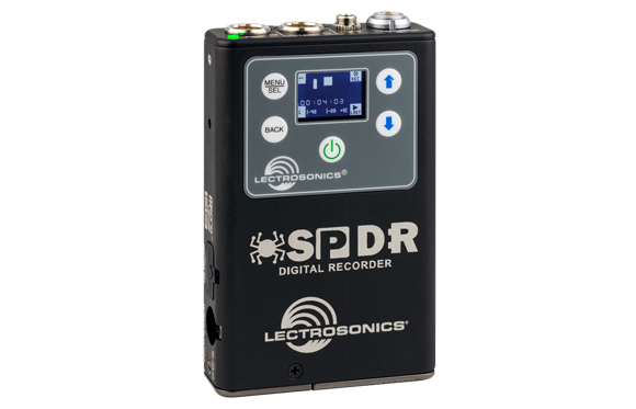 A black Lectrosonics SPDR Digital Recorder with a small screen and various control buttons.