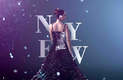 Woman in a shimmering dark sequined gown facing away, set against a purple and blue background with large white text.