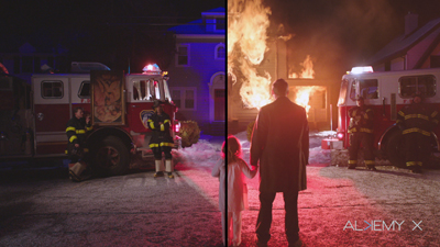 Split view of a fire truck at night, one side showing firefighters and the other showing a house on fire.