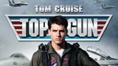 Tom Cruise in a flight suit with fighter jets in the background and the Top Gun logo.
