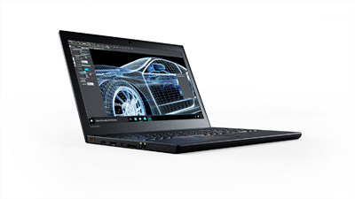 A black laptop open on a white background, showing a blue wireframe 3D model of a car on its screen.