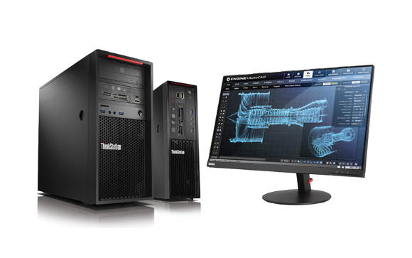 Two black Lenovo ThinkStation desktop towers next to a widescreen monitor showing a blue 3D technical drawing.