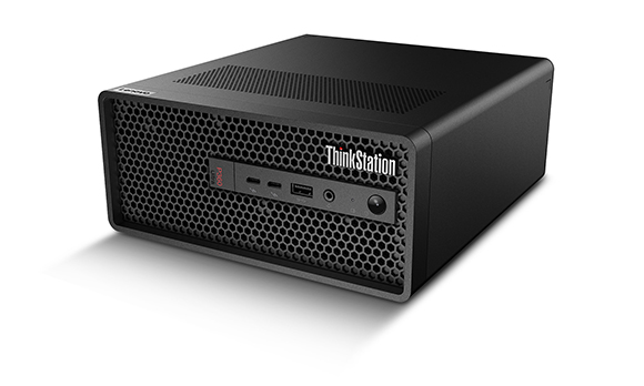 A black Lenovo ThinkStation P620 compact desktop computer shown from a three-quarter angle.