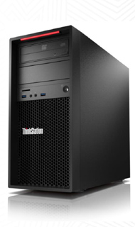 A black ThinkStation desktop computer tower standing vertically against a white background.
