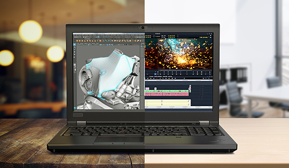 A black laptop on a wooden table showing 3D modeling software on the left and video editing software on the right.