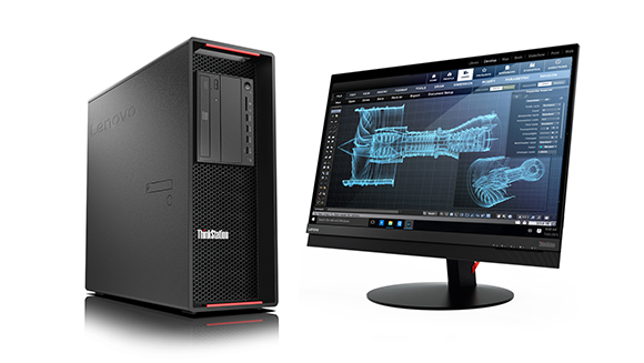 Lenovo ThinkStation computer tower next to a monitor displaying a blue wireframe technical drawing of an engine.