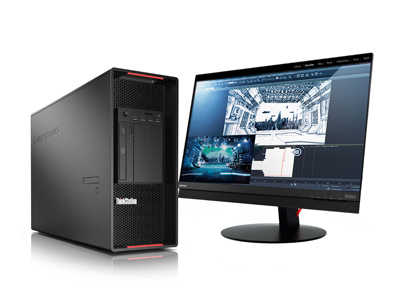 A black Lenovo ThinkStation tower next to a wide computer monitor displaying architectural software.