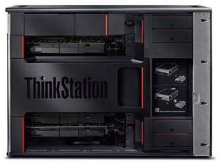 A black ThinkStation workstation chassis showing internal components and drive bays.